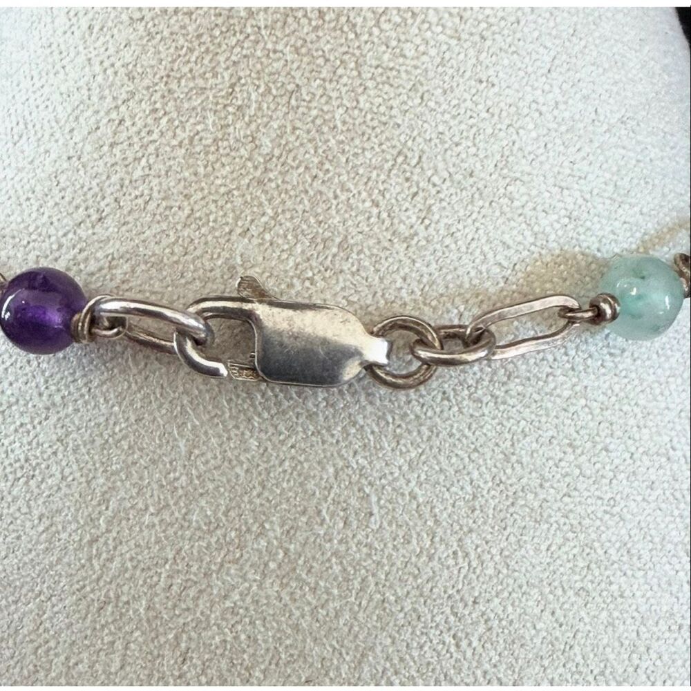 Sterling Silver Amethyst Aquamarine Freshwater Pearl Link Bracelet - Picture 7 of 9